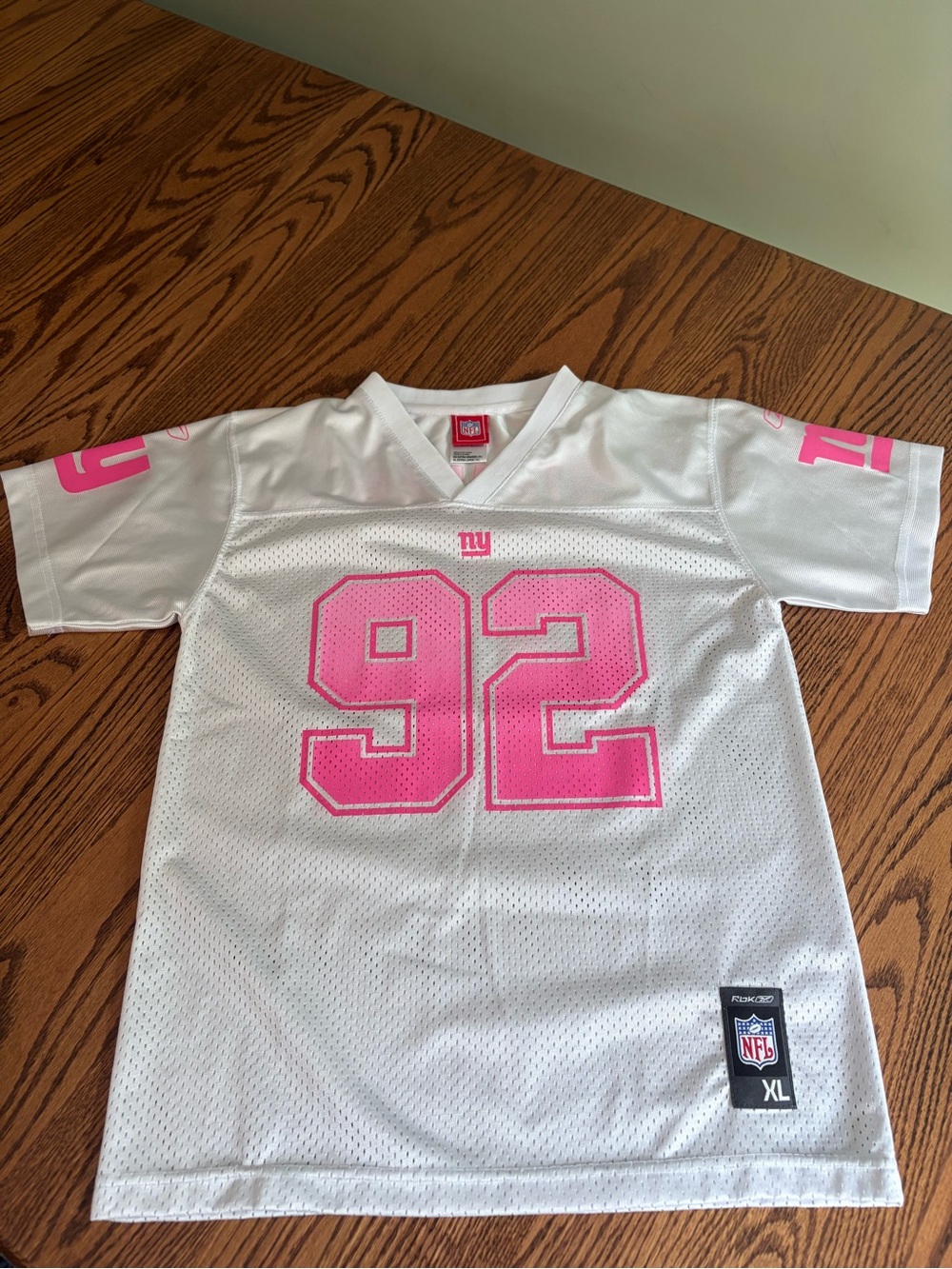 NFL Kids White New Your Giants Jersey with Pink Number 92